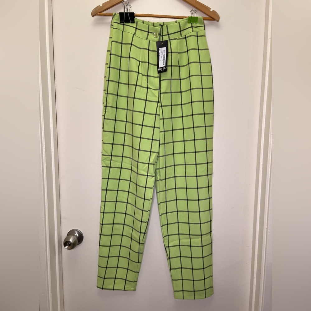 Nasty Gal Lime Green Checkered Trousers NWT High Waist Straight Leg Pants - Picture 2 of 12